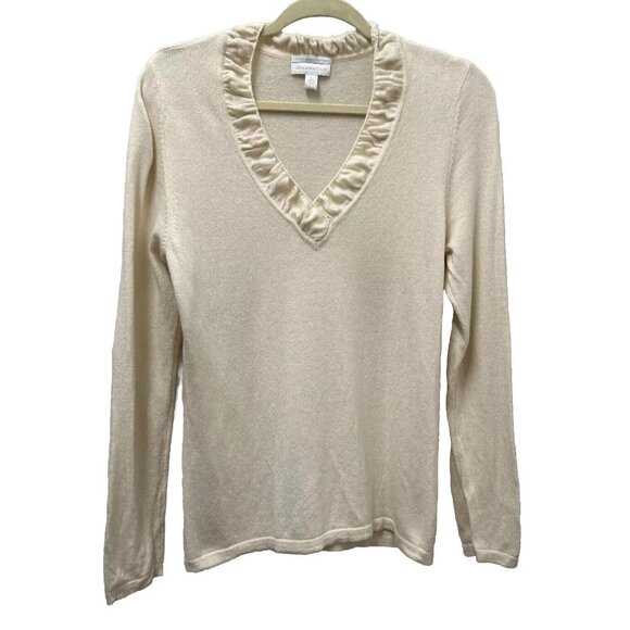 Charter Club Womens Cashmere Sweater Ivory L V-Neck Ruffle Trim  Classic Preppy - Picture 1 of 9